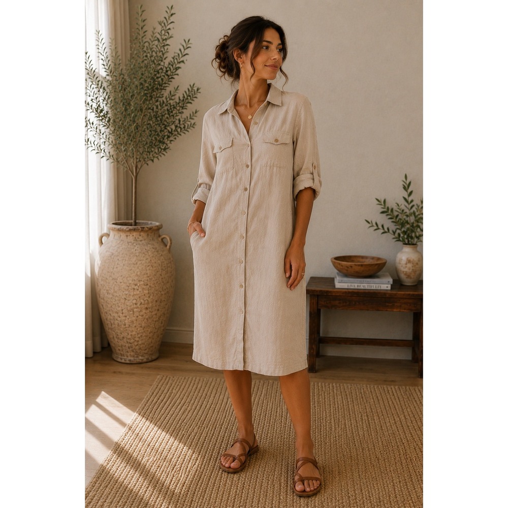 Lynn Adler Tan Linen Button Down Shirt Dress Long Sleeve Utility Pocket Size 4